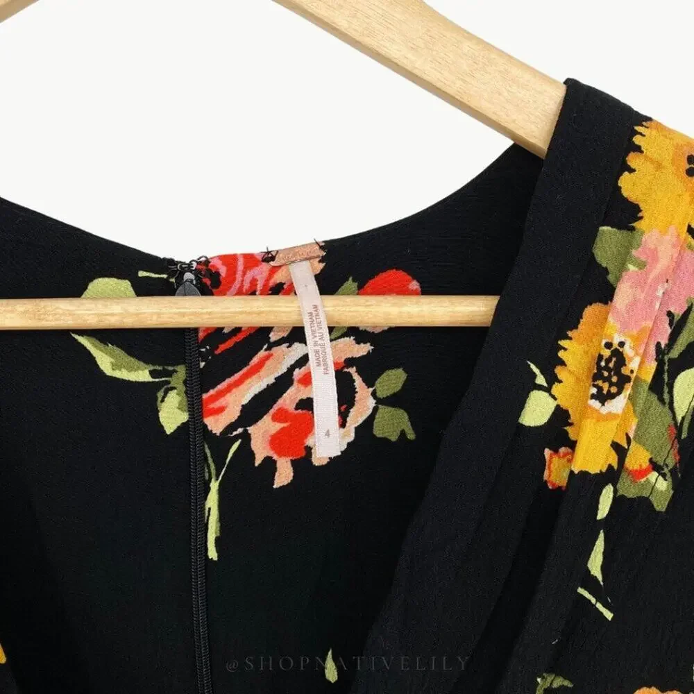 Free People Neon Garden Floral Mini Dress Size 4 Boho Puff Sleeve